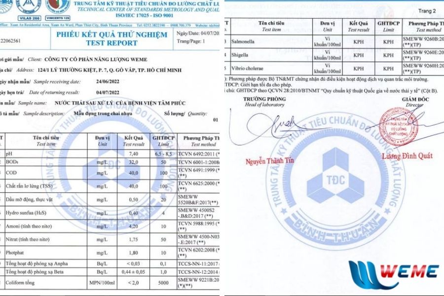 Kết quả phân tích chất lượng nước đầu ra tại dự án Bệnh viện Đa khoa Tâm Phúc