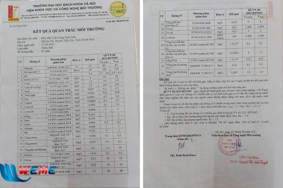 Kết quả phân tích chất lượng nước đầu ra của hệ thống xử lý nước thải sản xuất gang thép dự án Công ty Cổ phần Gang Thép Nghi Sơn