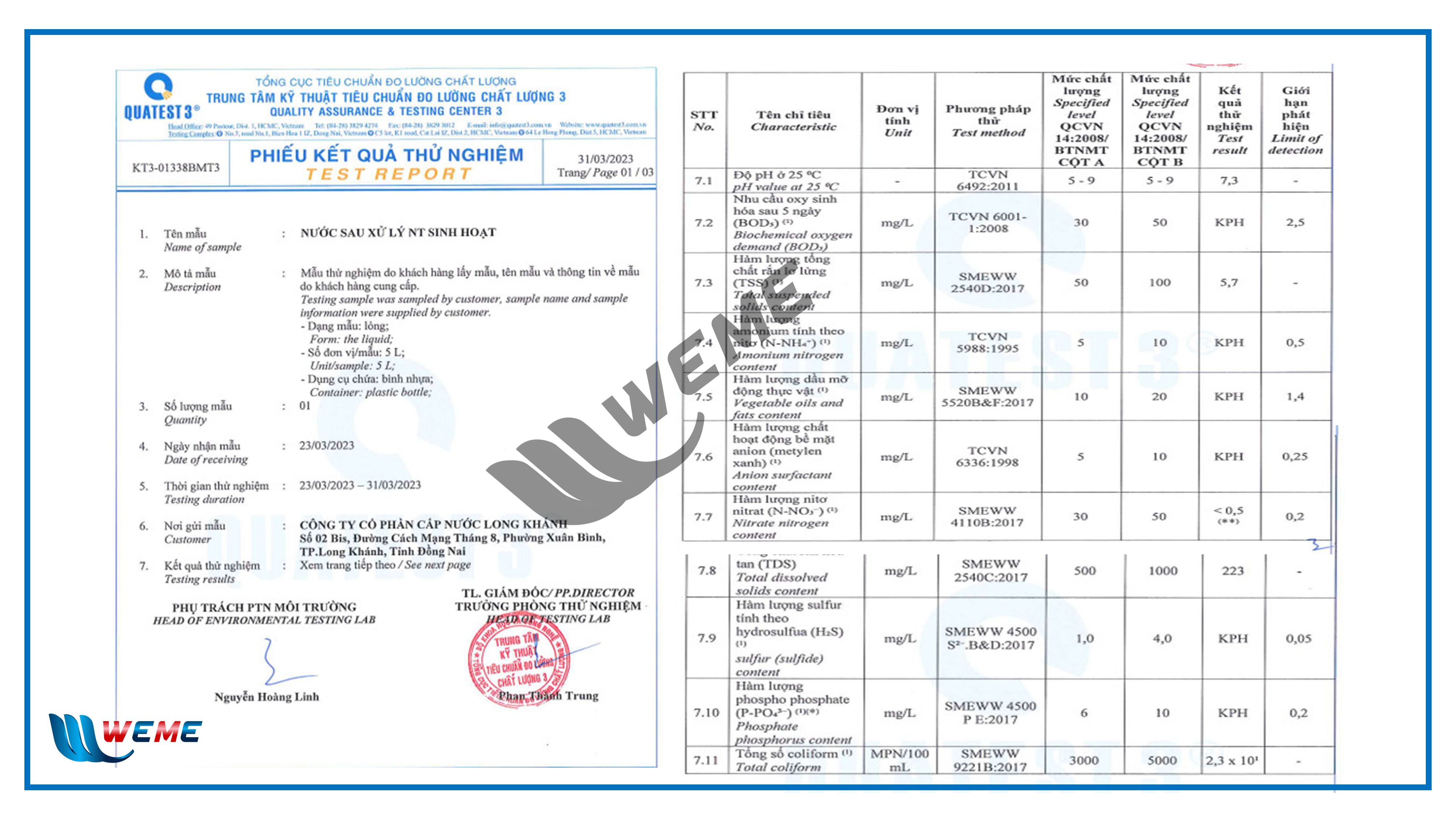 Kết quả nước đầu ra của hệ thống sử dụng công nghệ xử lý nước thải sinh hoạt SBR