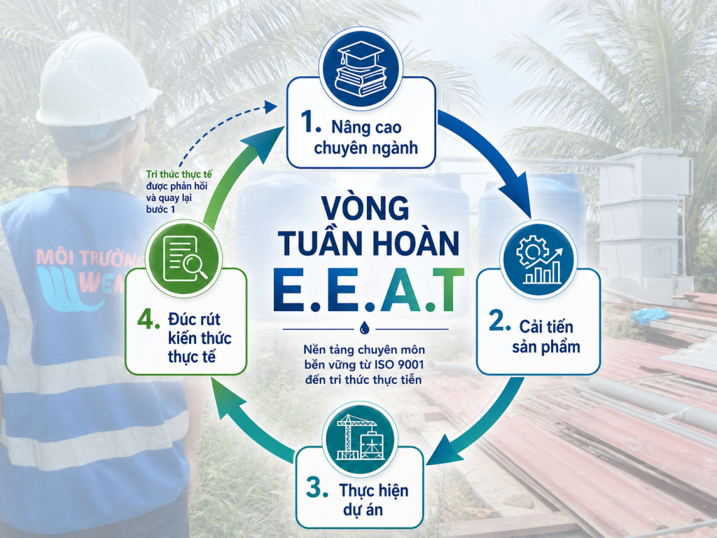 Infographic vòng tuần hoàn E.E.A.T đặt trên nền hình ảnh thực tế của nhân sự WeMe tại khu vực module xử lý nước thải, gồm 4 bước: nâng cao chuyên ngành, cải tiến sản phẩm, thực hiện dự án và đúc rút kiến thức thực tế.