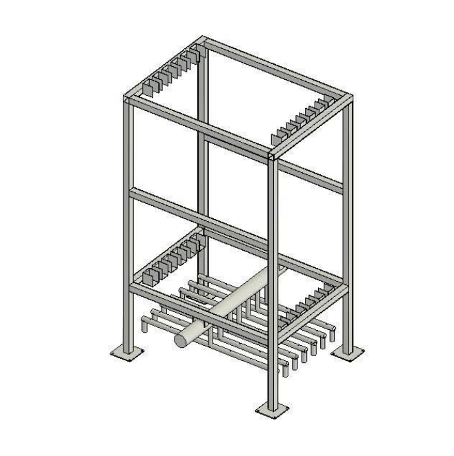 Hình ảnh mô phỏng 3D khung màng MBR dùng để lắp các tấm màng lọc sinh học MR071. Khung có kết cấu inox 304 hộp dạng hình chữ nhật đứng, gồm các thanh đỡ dọc, ngang và các rãnh giữ tấm màng ở hai bên. Phía đáy khung bố trí hệ thống ống phân phối khí, gồm ống góp chính và các nhánh ống nhỏ để cấp khí rửa màng trong quá trình vận hành bể MBR