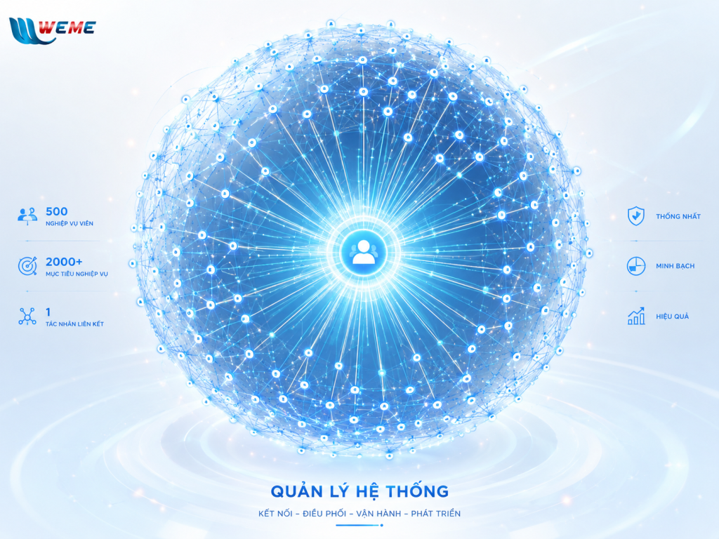Quả địa cầu dữ liệu biểu tượng cho quản lý hệ thống WeMe, với một tác nhân liên kết ở trung tâm kết nối 500 nghiệp vụ viên và hơn 2000 mục tiêu nghiệp vụ trên một mạng lưới thống nhất, minh bạch và hiệu quả