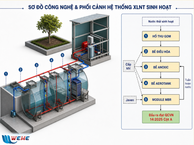 Hình minh họa kết hợp giữa phối cảnh 3D và sơ đồ hệ thống công nghệ xử lý nước thải sinh hoạt. Bên hỗ trợ trái là mô hình thực tế bao gồm bể thu gom, bể điều hòa, bể Anoxic, bể Aerotank, module MBR và cụm thiết bị phụ, được đánh số từ 1 đến 5. Bên phải là sơ đồ quy trình dòng chà từ nước thải hoạt qua các công đoạn xử lý đến đầu ra chạm QCVN 14:2025 A, đánh các cấp khí, Javen và tuần hoàn nước