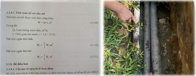Công thức tính toán bể tách dầu mỡ kèm hình ảnh thực tế ngăn bể tách mỡ bị tích tụ cặn, dầu mỡ và chất bẩn.
